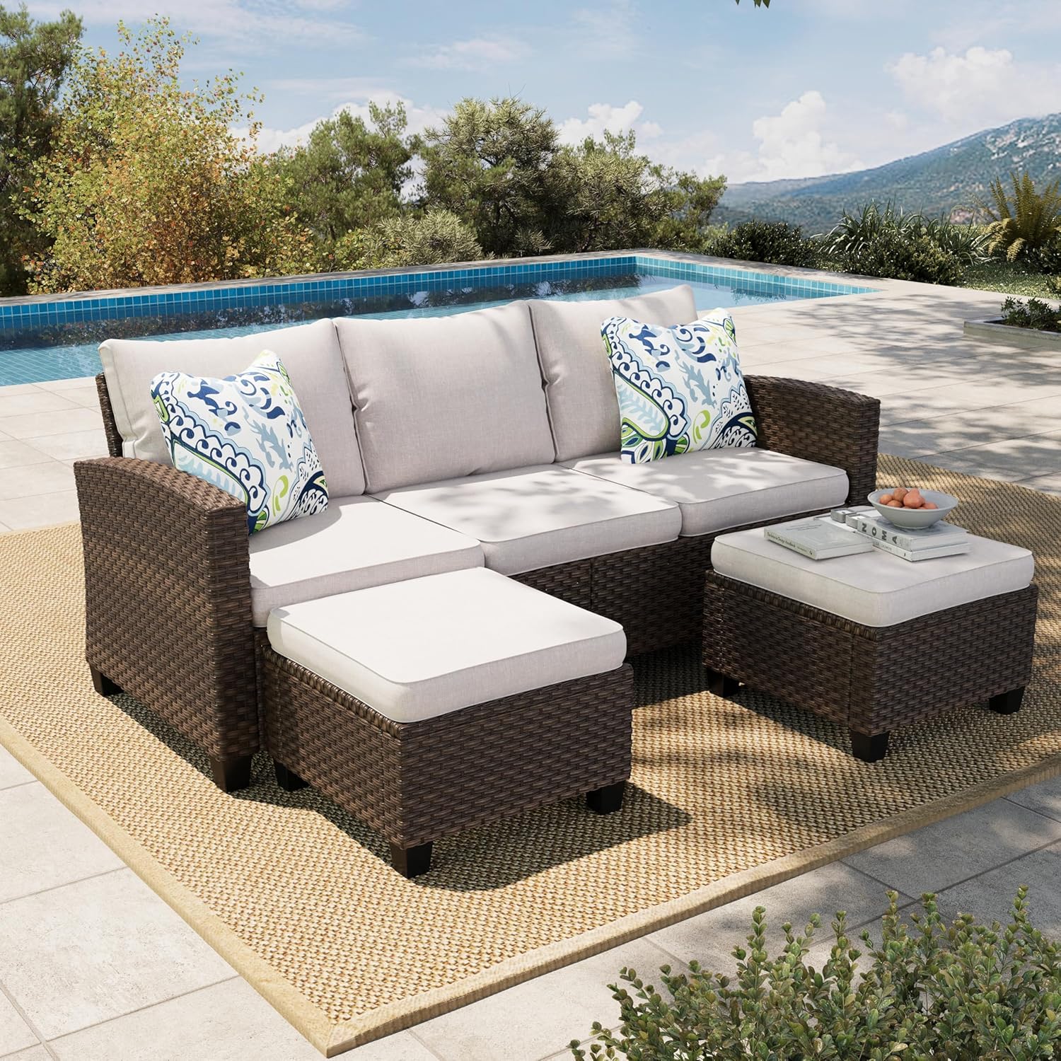 Outdoor Furniture L Shape - 3-częściowy wiklinowy zestaw mebli ogrodowych, sofa